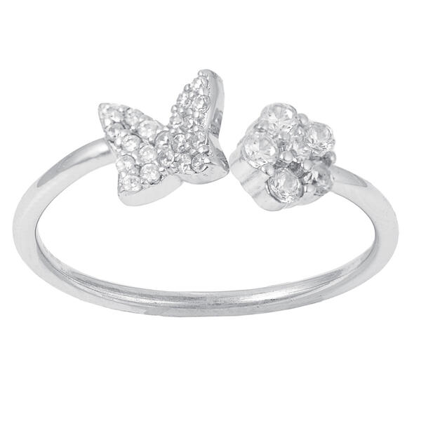 Sterling Silver Cubic Zirconia Pave Butterfly and Flower Ring - image 