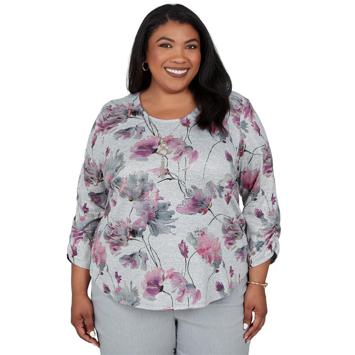 Plus Size Alfred Dunner Vail 3/4 Ruch Sleeves Floral Blouse
