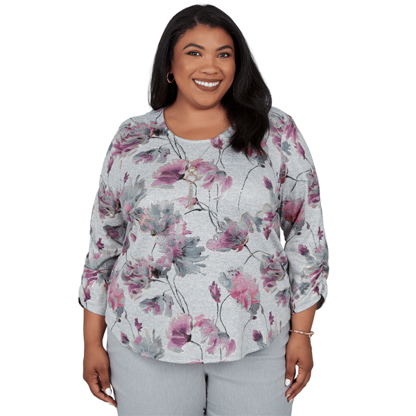 Plus Size Alfred Dunner Vail 3/4 Ruch Sleeves Floral Blouse - image 