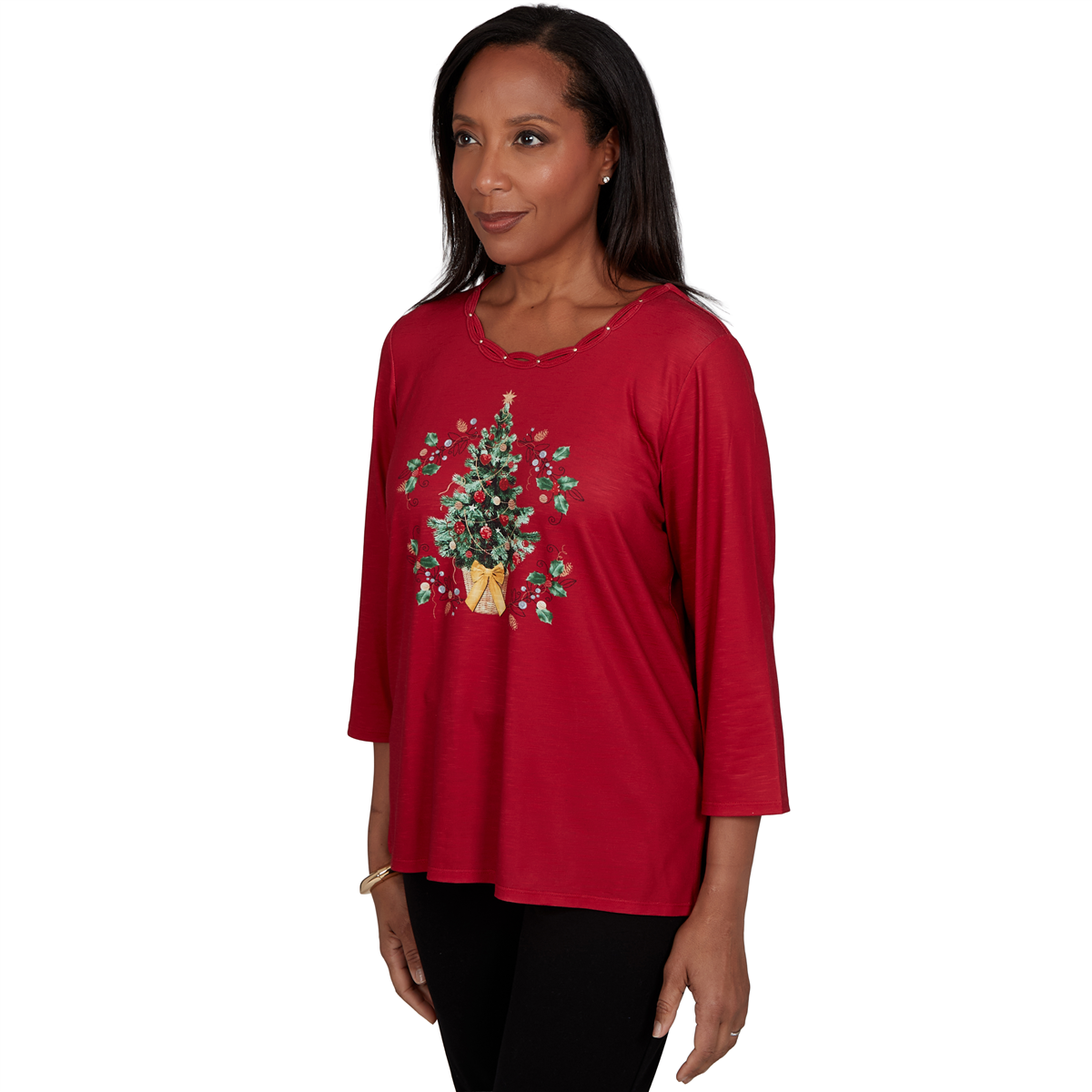 Petite Alfred Dunner Classics 3/4 Sleeve Christmas Tree Blouse