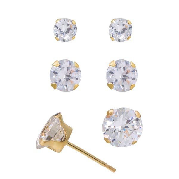 10kt. Yellow Gold 3pr. Round Cut Stud Earrings Set - image 