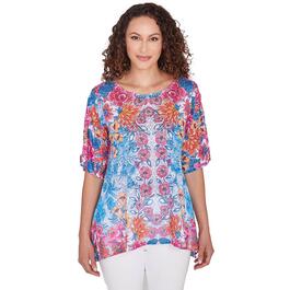 Womens Ruby Rd. Bright Blooms Burnout Sublimation Knit Tee