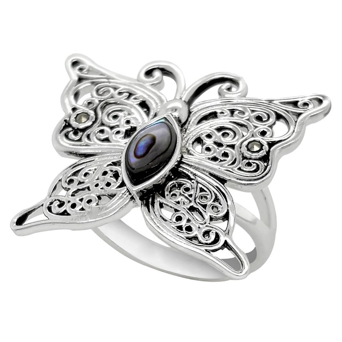 Marsala Fine Silver Plated Marcasite & Abalone Butterfly Ring