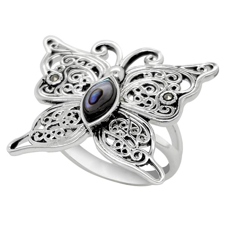 Marsala Fine Silver Plated Marcasite & Abalone Butterfly Ring