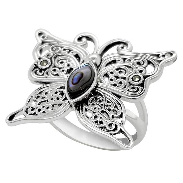 Marsala Fine Silver Plated Marcasite & Abalone Butterfly Ring - image 