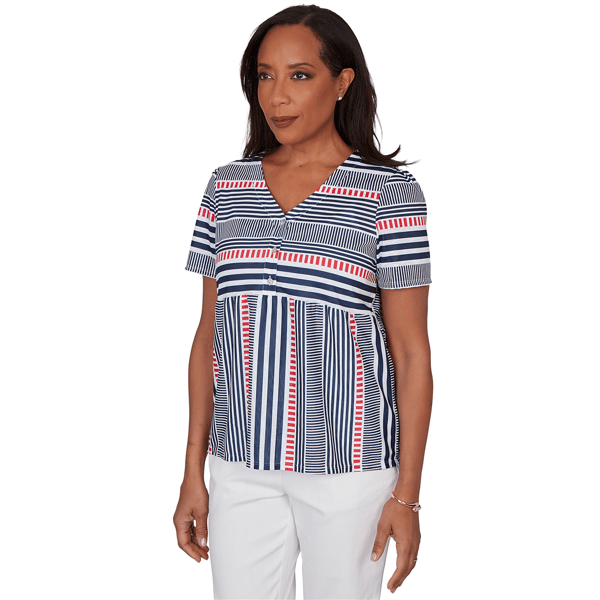 Womens Alfred Dunner Port Side V Neck Splice Stripe Blouse