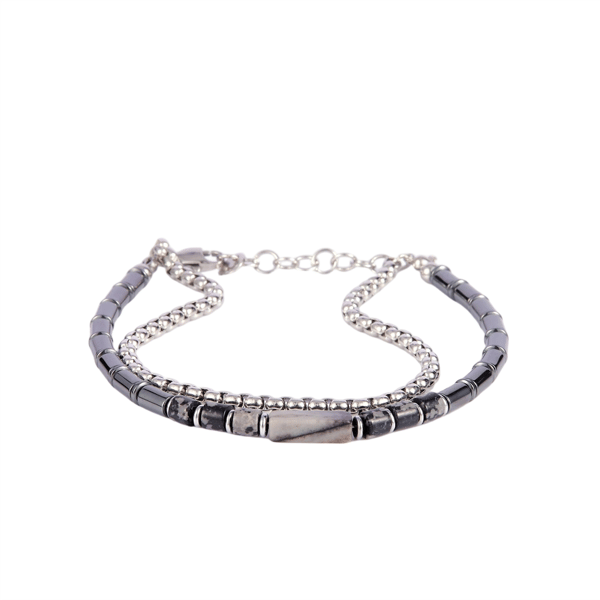 Mens Iron Saints Silver Dual-Layer Blue Bead Id Plate Bracelet - image 
