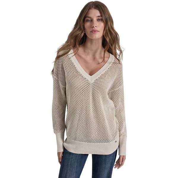 Womens DKNY Long Sleeve V Neck Open Stitch Sweater - image 