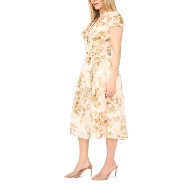 Petite MSK Short Sleeve Floral Chiffon Pintuck Midi Dress