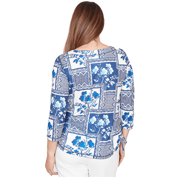 Womens Alfred Dunner Mykonos Framed Floral Ruched Side Tie Top