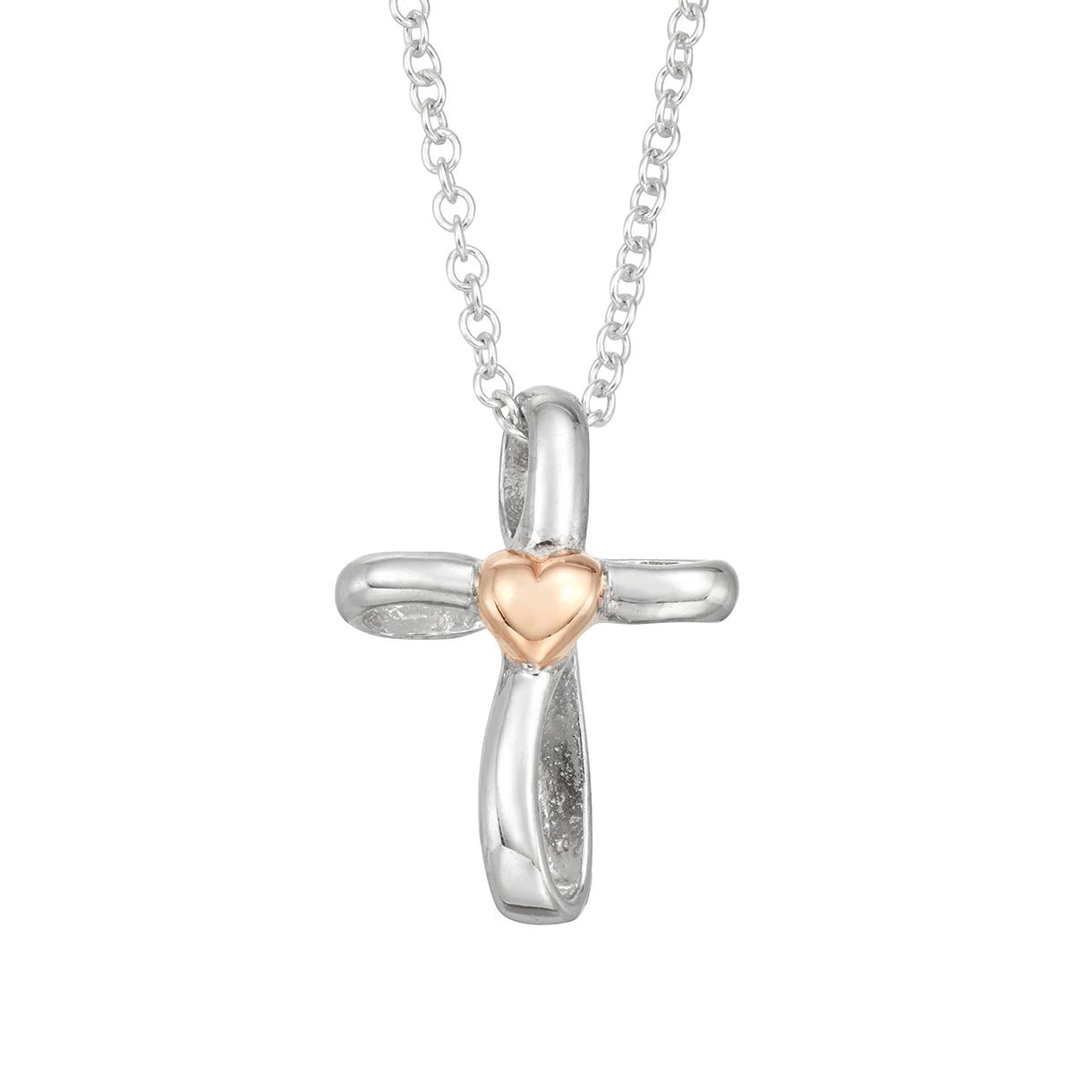 Kids Sterling Silver Cross Pendant Necklace with Gold Heart