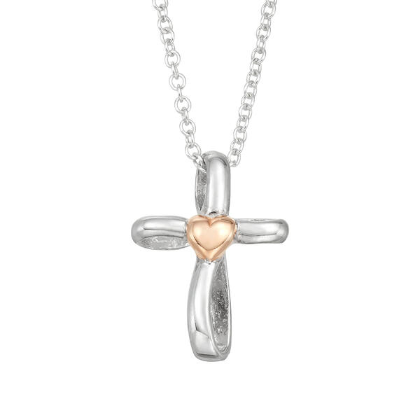 Kids Sterling Silver Cross Pendant Necklace with Pink Heart - image 