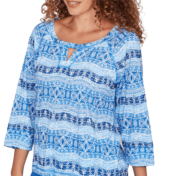Petite Hearts of Palm Embraceable Blue Geometric Keyhole Blouse