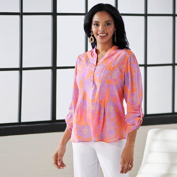 Womens Zac & Rachel 3/4 Roll Tab Sleeve Fuchsia Floral Blouse - image 