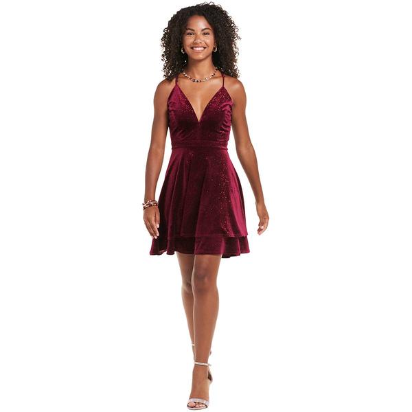 Juniors Emerald Sundae Glitter Velvet Double Tier Lace Back Dress