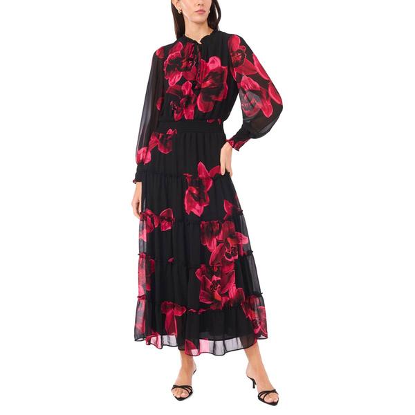Womens MSK Long Sheer Sleeve Tie Neck Floral Tier Maxi Dress - image 
