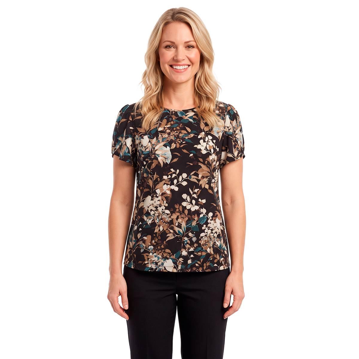 Petite AK Anne Klein Short Tulip Sleeve Floral Leaf Blouse