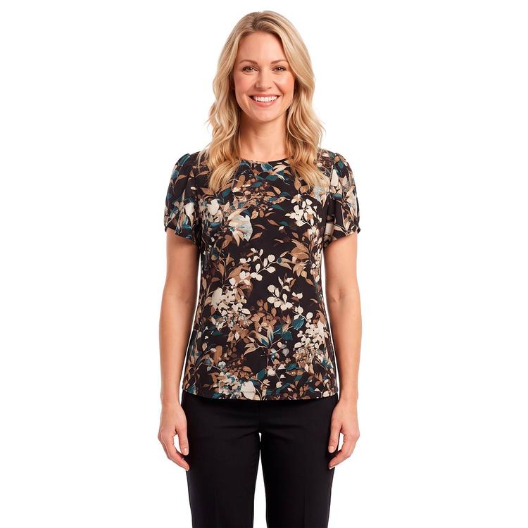 Womens AK Anne Klein Short Tulip Sleeve Floral Leaf Blouse