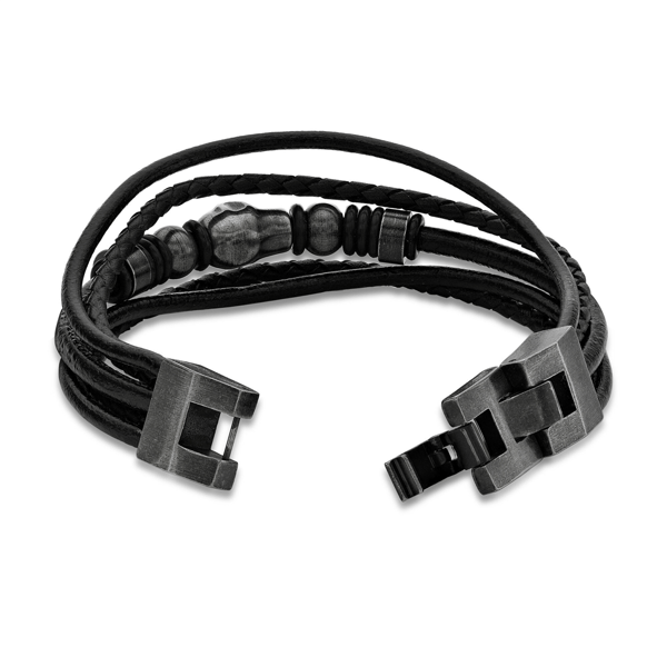 Mens Lynx Stainless Steel & Leather Skull Bracelet
