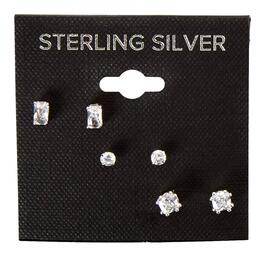 Sterling Silver Cubic Zirconia Shape Trio Stud Earrings