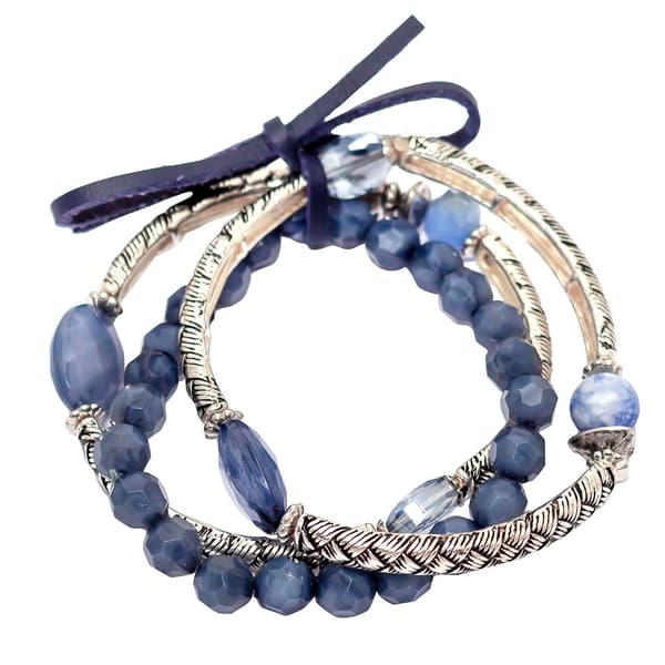 Ruby Rd. Set of 3 Silver-Tone & Blue Bead Stretch Bracelets - image 