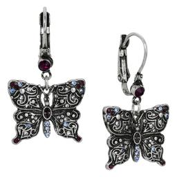 1928 Antiqued Silver-Tone Purple & Blue Butterfly Earrings