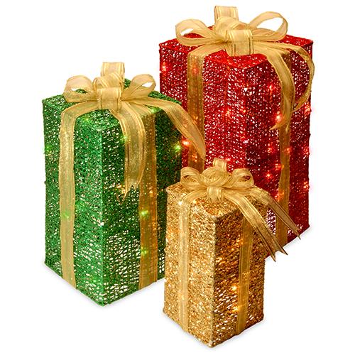 National Tree 3pc. Pre-Lit Sisal Gift Boxes Set - image 