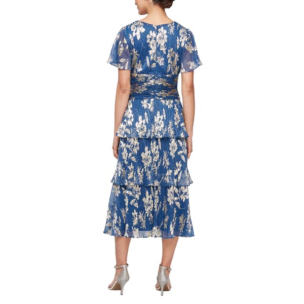 Womens SLNY Short Sleeve Foil Floral Ruched Midi Dress