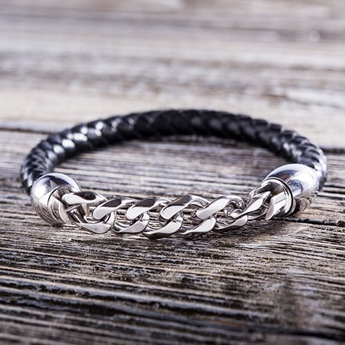 Mens Stainless Steel Cuban Chain & Black Braided Bracelet