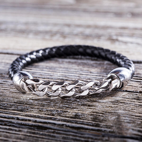Mens Stainless Steel Cuban Chain & Black Braided Bracelet - image 