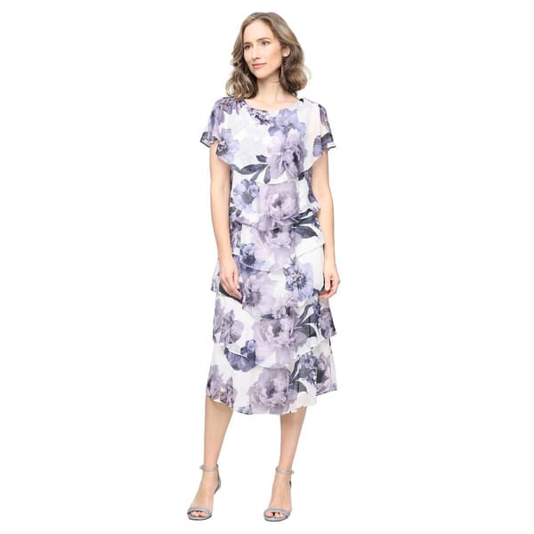 Petite SLNY Print Chiffon Tier Embroidered Trim Midi
