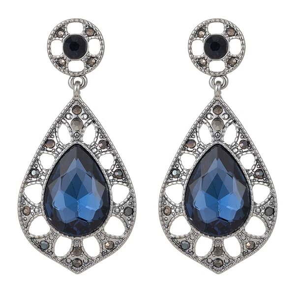 Roman Silver-Tone  Hematite Pear Marcasite Filigree Drop Earrings - image 