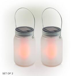 Alpine Solar Jar Glass Lantern w/ LED Dancing Flame - Set of 2