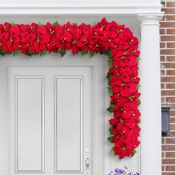 Puleo International 6ft. Pre-Lit Red Poinsettia Garland