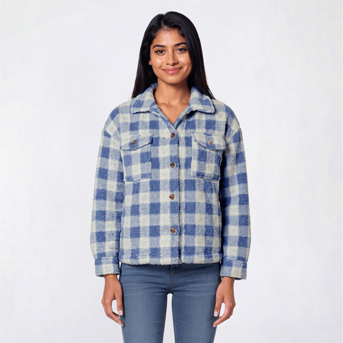 Juniors Pink Rose Plaid Sherpa Patch Pocket Shacket - image 