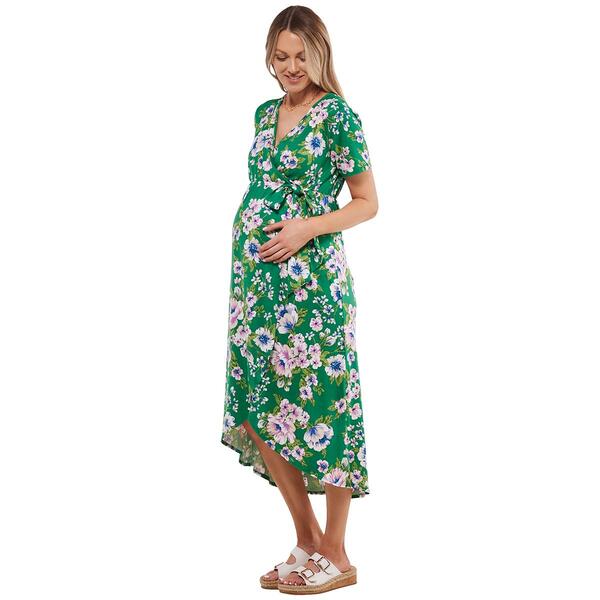 Womens Due Time Short Sleeve Side Tie Hem Maternity Dress - Green
