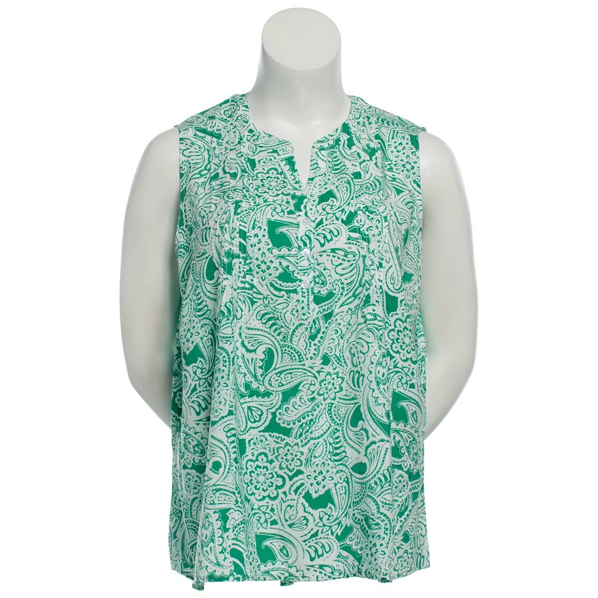 Petite Notations Sleeveless Paisley Pintuck Button Blouse