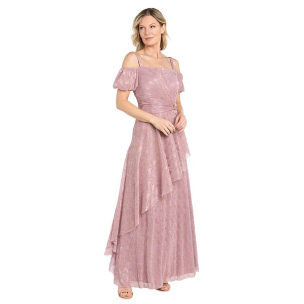 Womens R&M Richards Cold Shoulder Puff Sleeve Side Drape Gown - image 