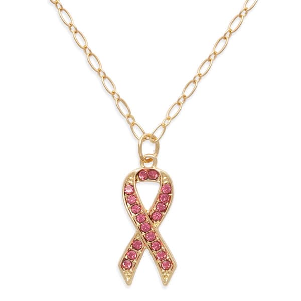 Breast Cancer Awareness Pink Rhinestone Ribbon Necklace - image 