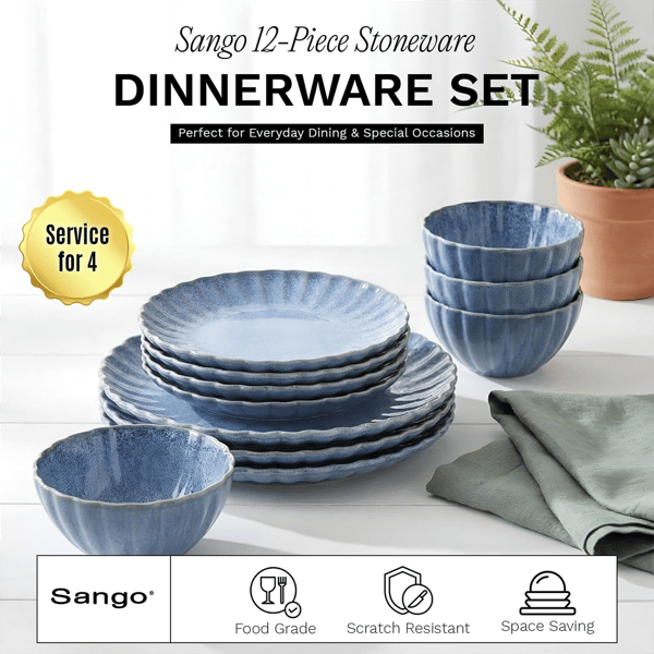Sango Frill Reactive 12pc. Blue Stoneware Dinnerware Set