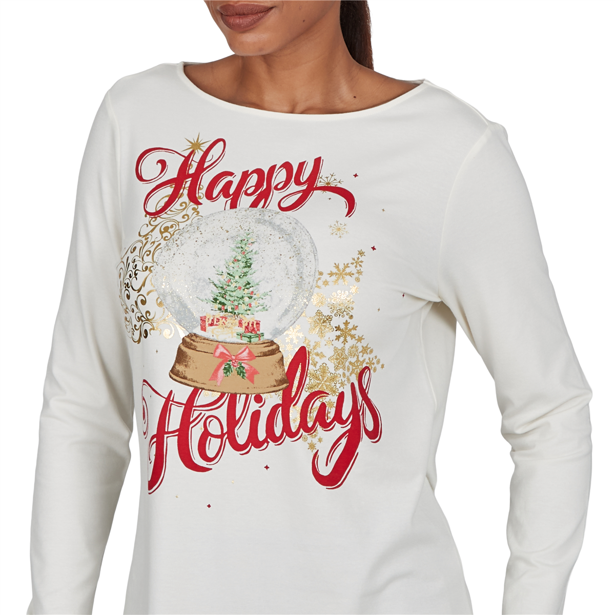 Petite Ruby Rd. Happy Holidays Long Sleeve Snow Globe Tee
