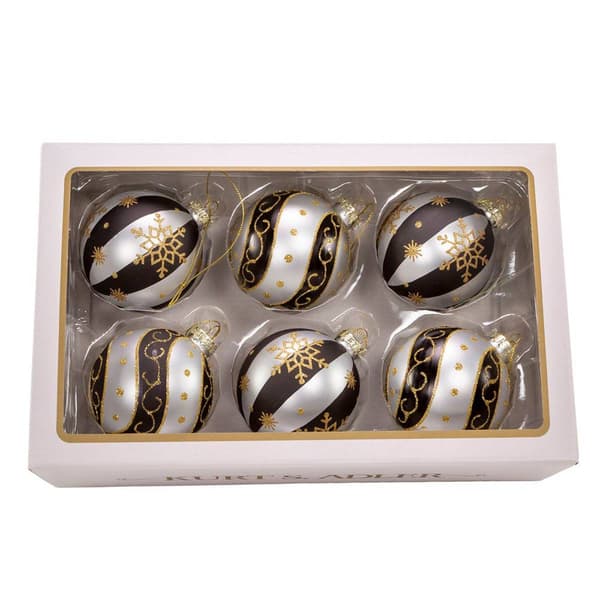 Kurt Adler 80 MM 6pc. Silver/Black/Gold Glass Balls Set