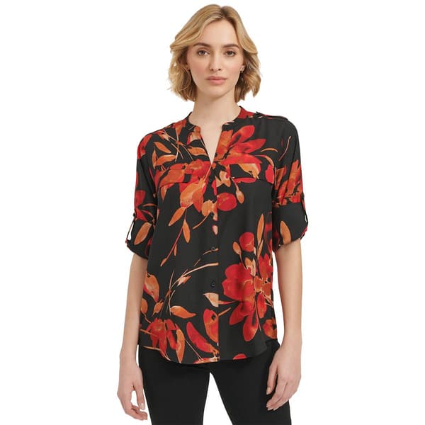 Womens Calvin Klein Roll Tab Sleeve Floral 2 Pocket Blouse Boscov's