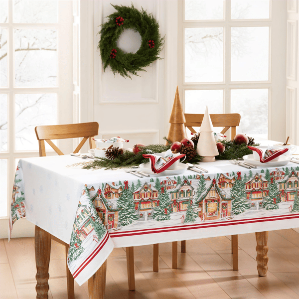 Threadmade Storybook Christmas Village Holiday Tablecloth