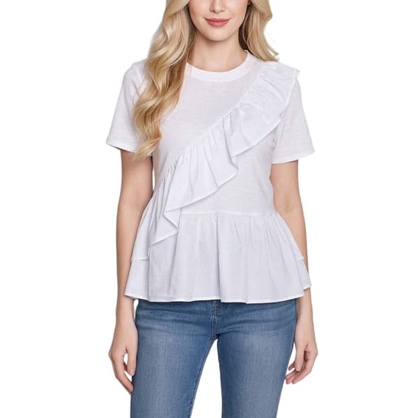 Womens NY Collection Short Sleeve Solid Ruffle Front Poplin T - image 