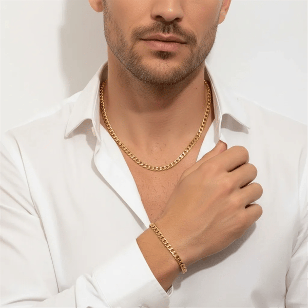Mens Iron Saints 6mm Cuban Link 18kt. Gold Plating Necklace Set