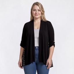 Plus Size Cure Roll Tab Sleeve Grid Chiffon Back Cardigan