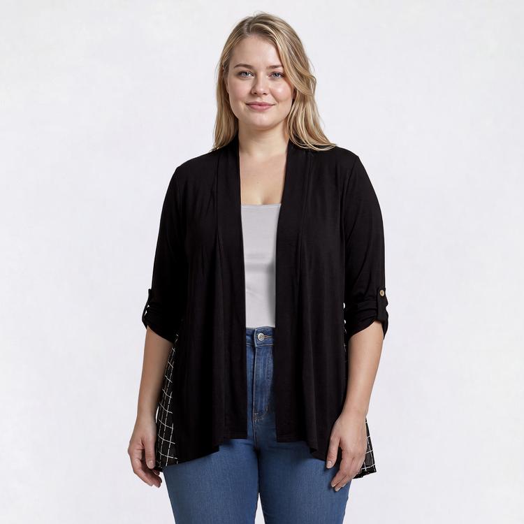 Plus Size Cure Roll Tab Sleeve Grid Chiffon Back Cardigan