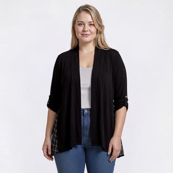 Plus Size Cure Roll Tab Sleeve Grid Chiffon Back Cardigan