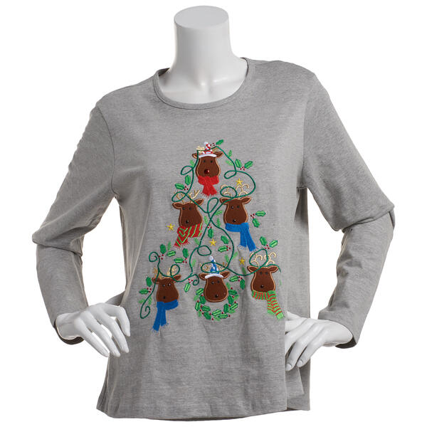 Petites Project Long Sleeve Reindeer Tree Christmas Tee - image 